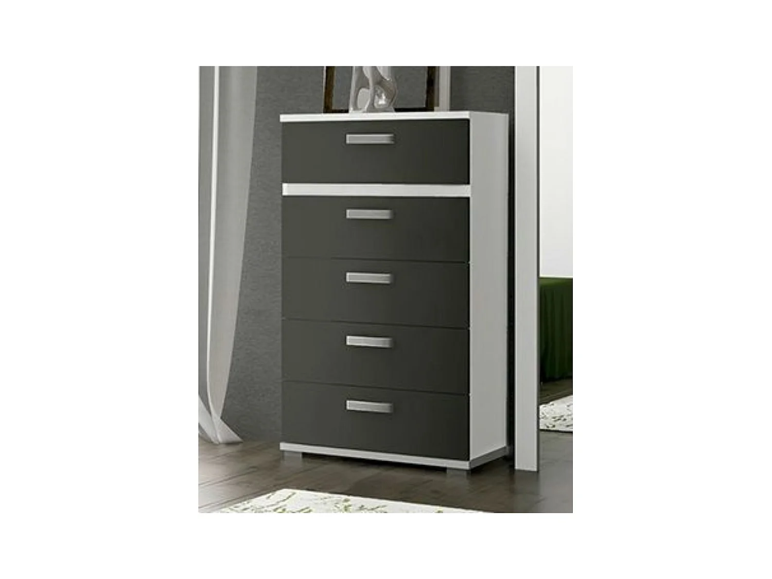 Sinfonier 5 Cajones, Cómoda, Almacenaje Dormitorio, Color Blanco y Grafito, Medidas: 60 cm (Largo) x 109,4 cm (Alto) x 39,6 cm de (Fondo) – Meyvaser