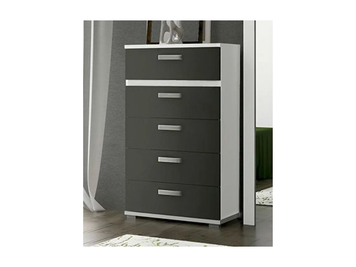 Sinfonier 5 Cajones, Cómoda, Almacenaje Dormitorio, Color Blanco y Grafito, Medidas: 60 cm (Largo) x 109,4 cm (Alto) x 39,6 cm de (Fondo) – Meyvaser