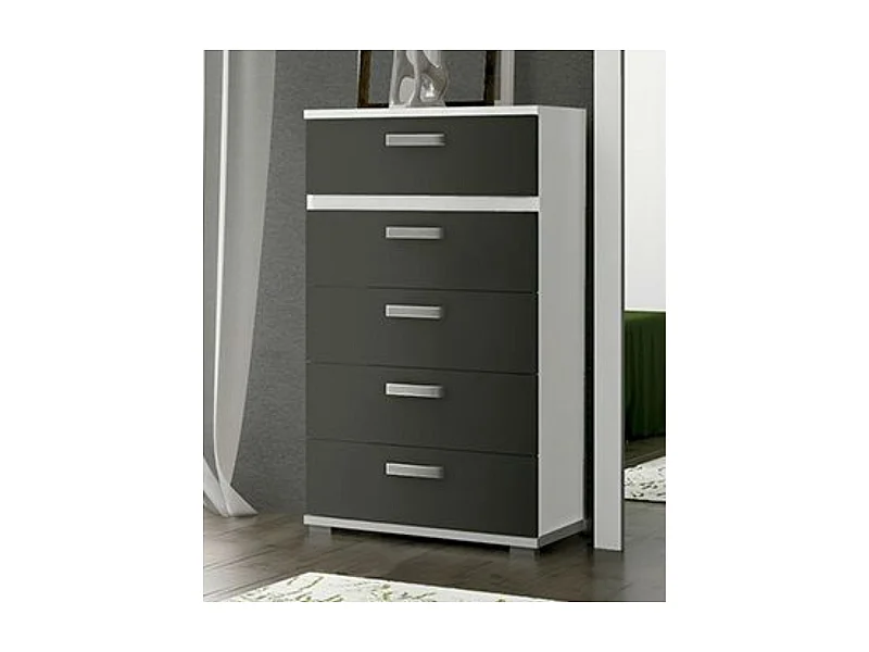 Sinfonier 5 Cajones, Cómoda, Almacenaje Dormitorio, Color Blanco y Grafito, Medidas: 60 cm (Largo) x 109,4 cm (Alto) x 39,6 cm de (Fondo) – Meyvaser
