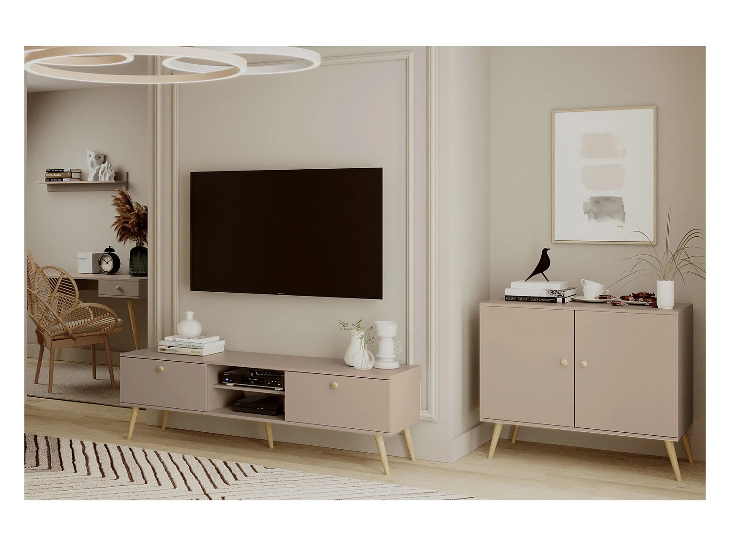 Cómoda Escandinava Color Macchiato de 2 Puertas – 100x85x42 cm – Con Patas Altas de Madera