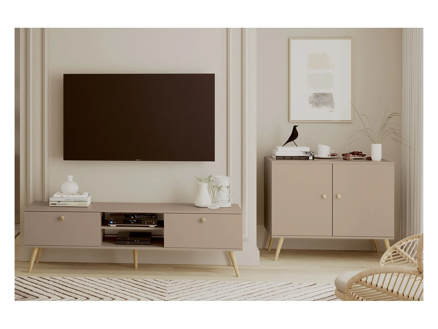 Cómoda Escandinava Color Macchiato de 2 Puertas – 100x85x42 cm – Con Patas Altas de Madera