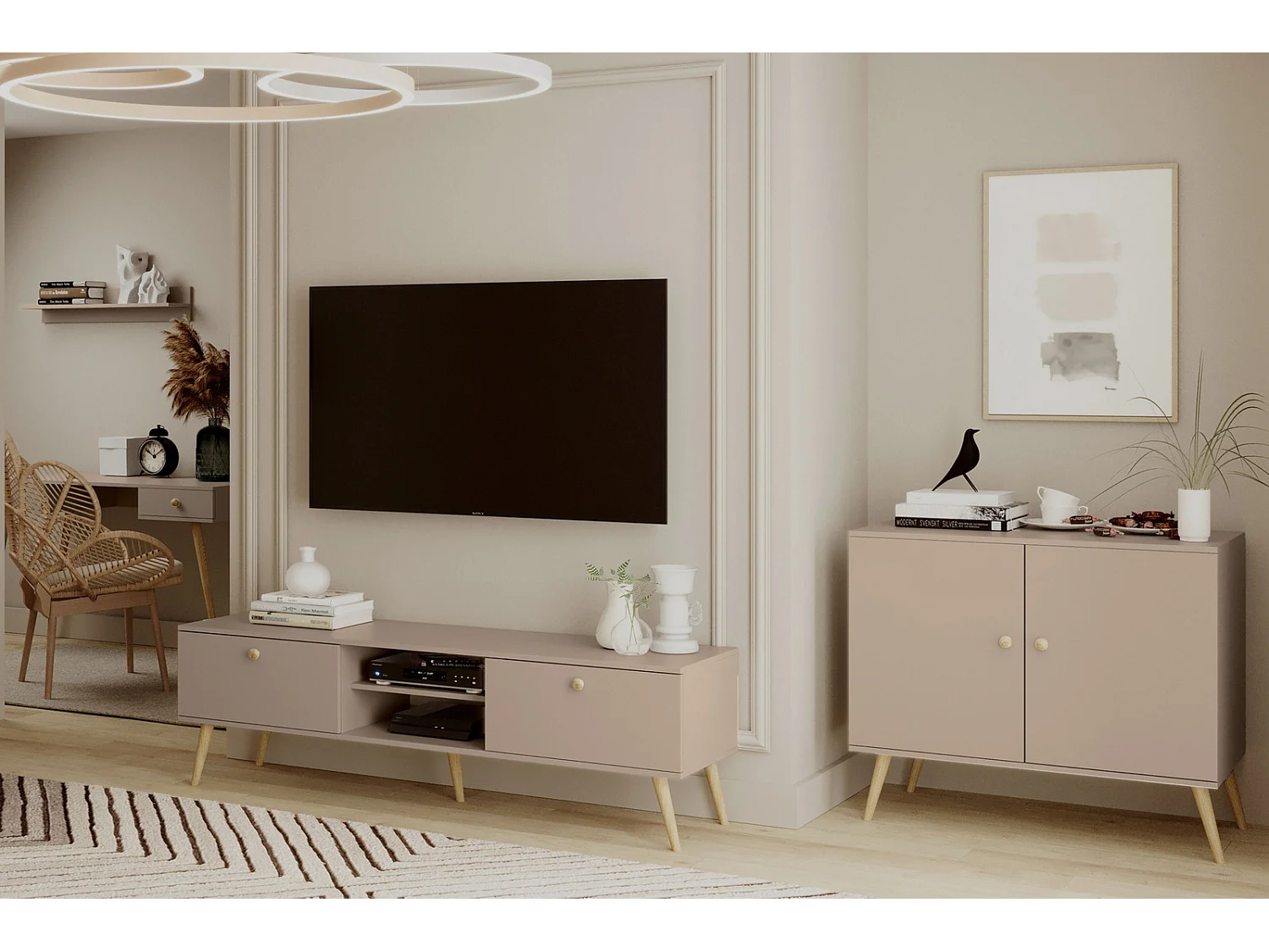 Cómoda Escandinava Color Macchiato de 2 Puertas – 100x85x42 cm – Con Patas Altas de Madera