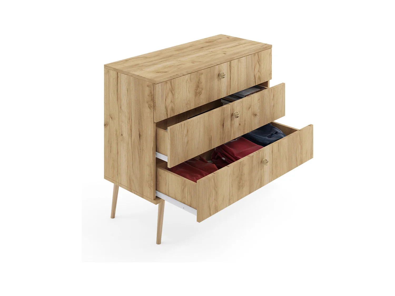 Cómoda Color Roble Artesano – Estilo Escandinavo – 100x85x41 cm – Con Patas Altas y 3 Cajones