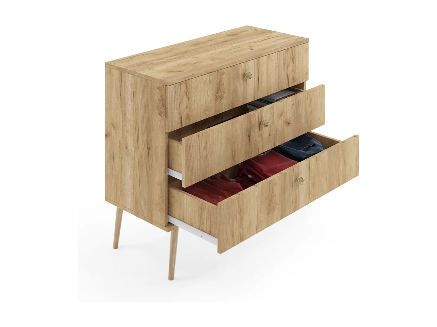 Cómoda Color Roble Artesano – Estilo Escandinavo – 100x85x41 cm – Con Patas Altas y 3 Cajones