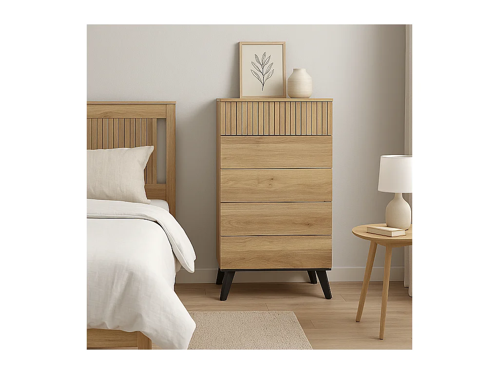 Meyvaser - Sinfonier con 5 Cajones y con Patas, Comoda Cajonera Dormitorio, Color Mauvella-rayas, 60cm (Ancho) x 118,5cm (Alto) x 37,8cm (Fondo)