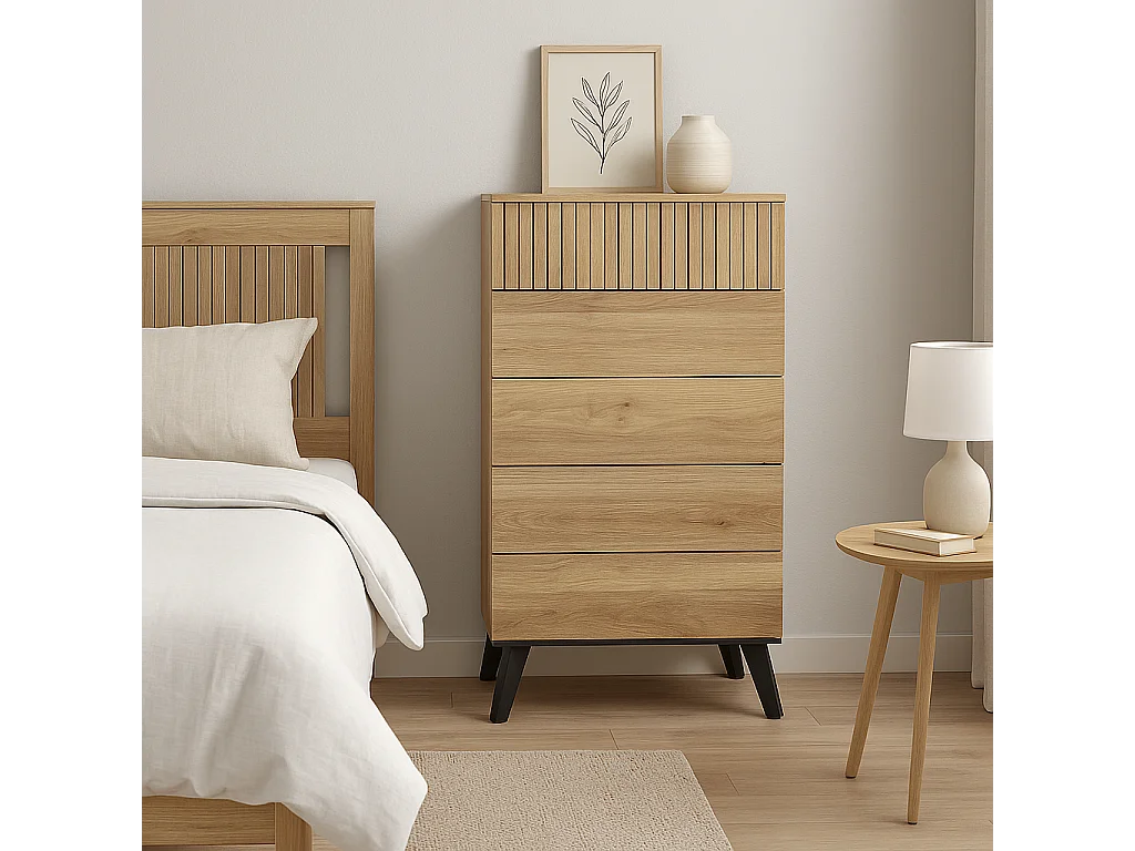 Meyvaser - Sinfonier con 5 Cajones y con Patas, Comoda Cajonera Dormitorio, Color Mauvella-rayas, 60cm (Ancho) x 118,5cm (Alto) x 37,8cm (Fondo)