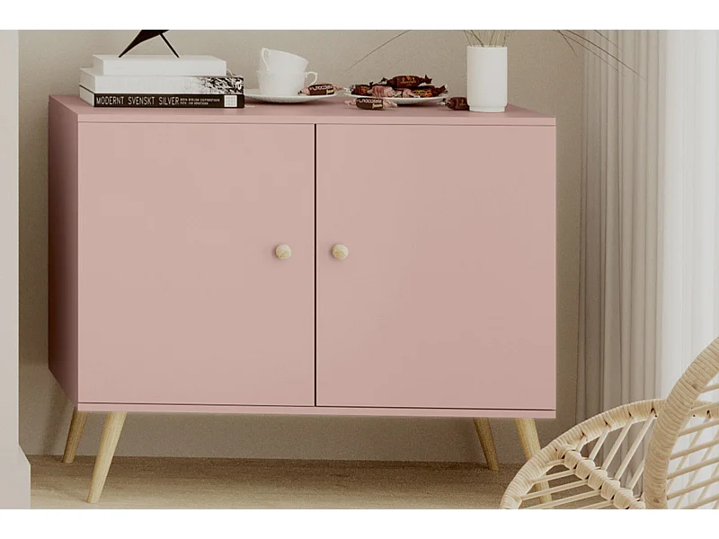 Cómoda Escandinava Color Rosa de 2 Puertas – 100x85x42 cm – Con Patas Altas de Madera