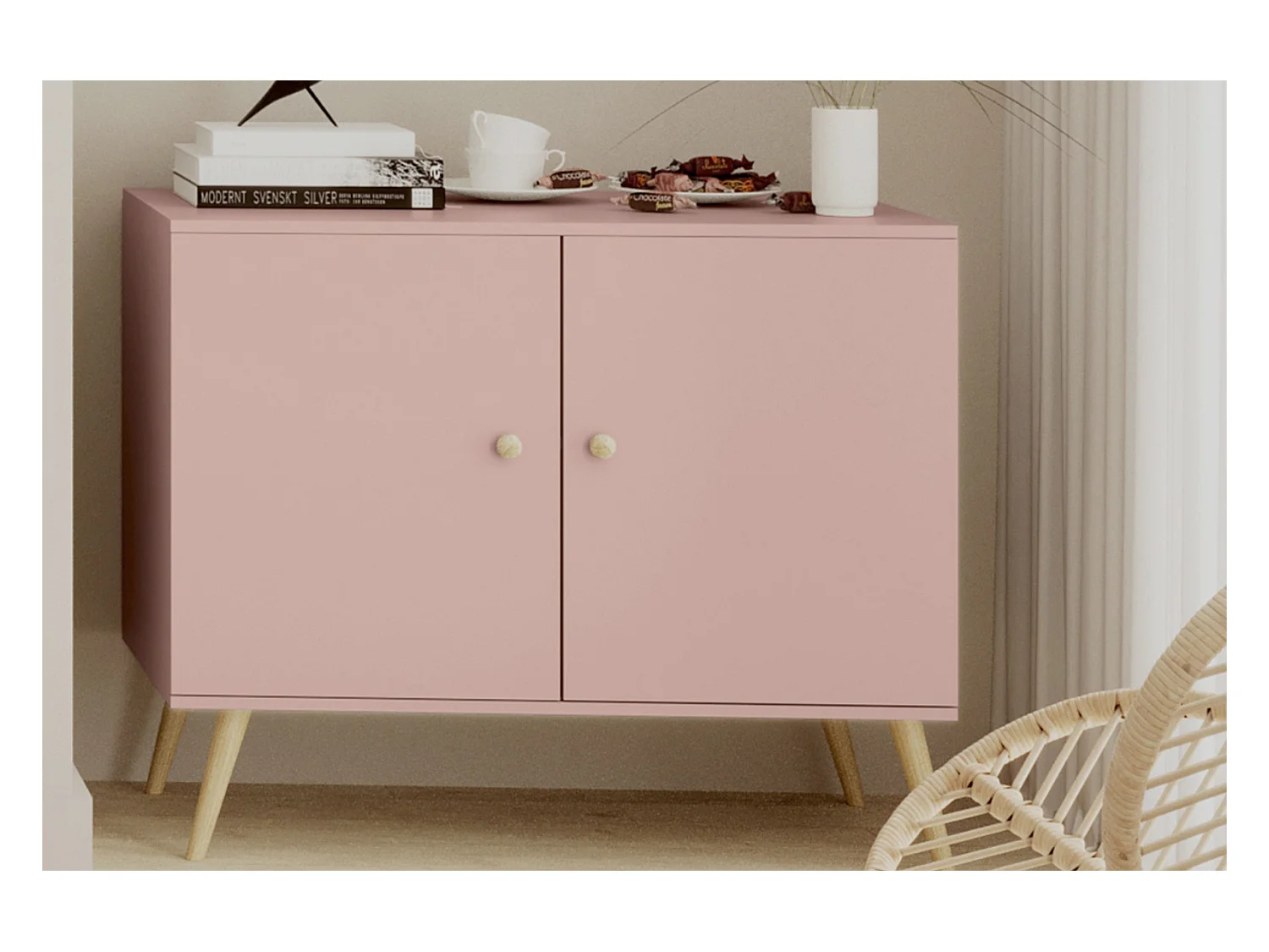 Cómoda Escandinava Color Rosa de 2 Puertas – 100x85x42 cm – Con Patas Altas de Madera