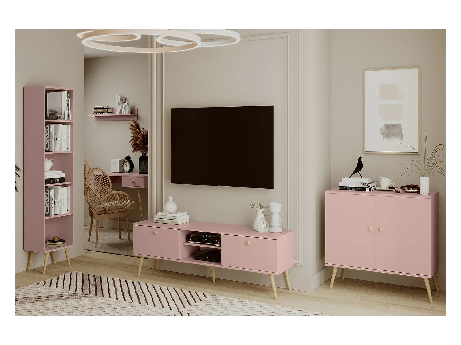 Cómoda Escandinava Color Rosa de 2 Puertas – 100x85x42 cm – Con Patas Altas de Madera