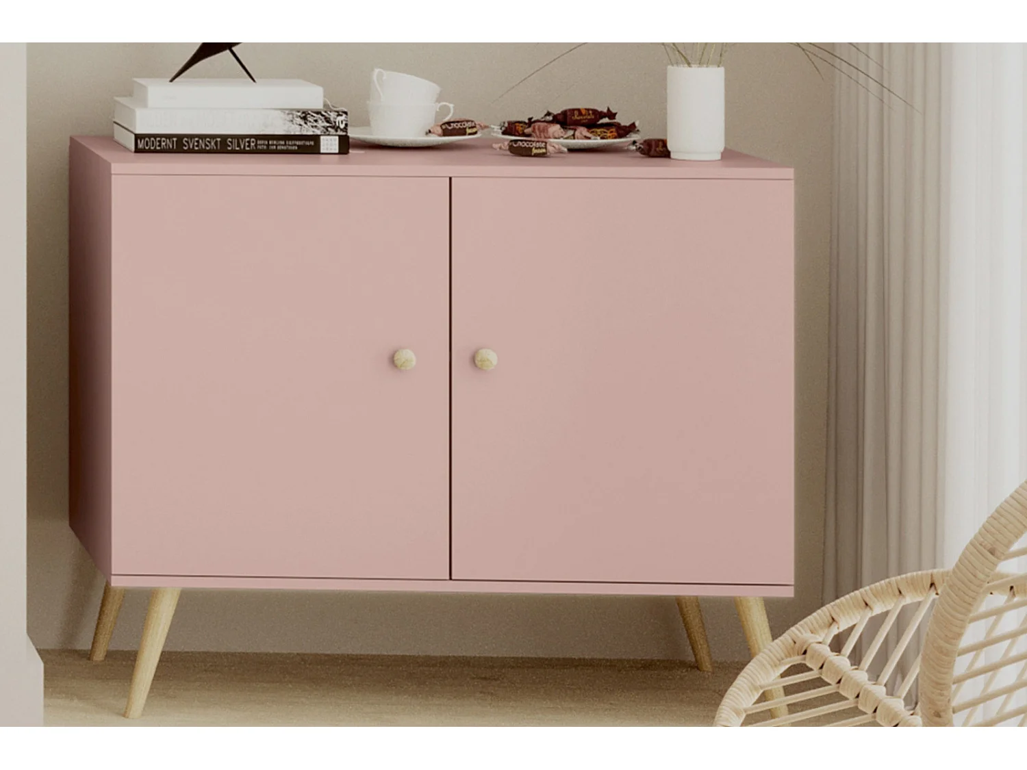Cómoda Escandinava Color Rosa de 2 Puertas – 100x85x42 cm – Con Patas Altas de Madera