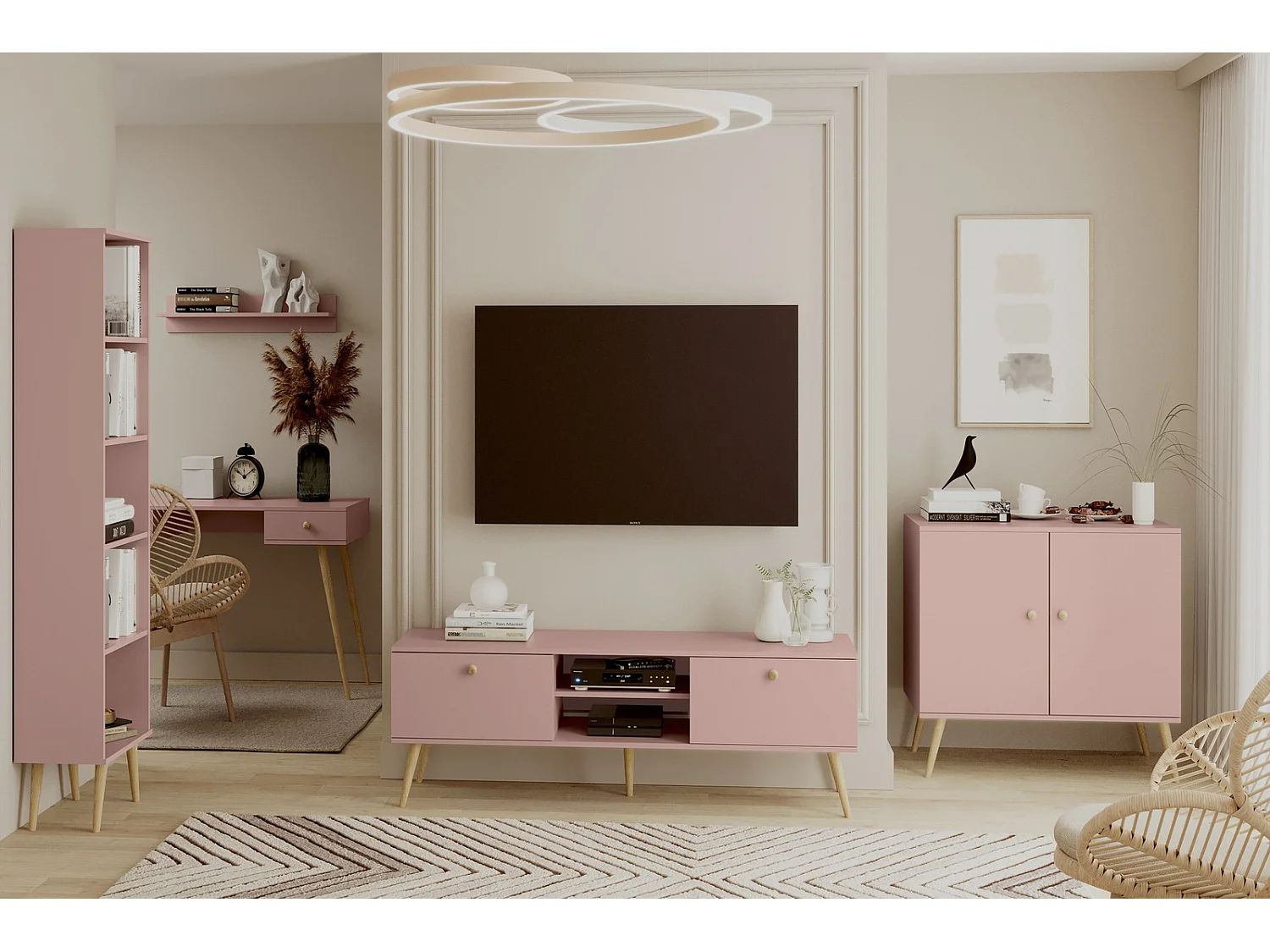 Cómoda Escandinava Color Rosa de 2 Puertas – 100x85x42 cm – Con Patas Altas de Madera