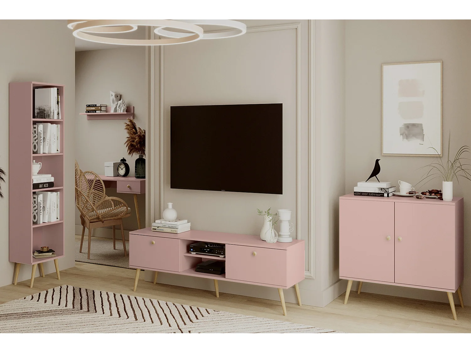 Cómoda Escandinava Color Rosa de 2 Puertas – 100x85x42 cm – Con Patas Altas de Madera