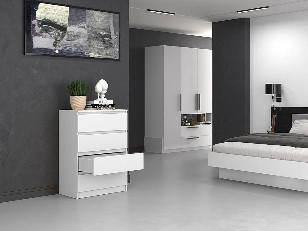Cómoda de Dormitorio Moderna 70x97x40 cm – 4 Cajones con Guías Suaves – Color Blanco