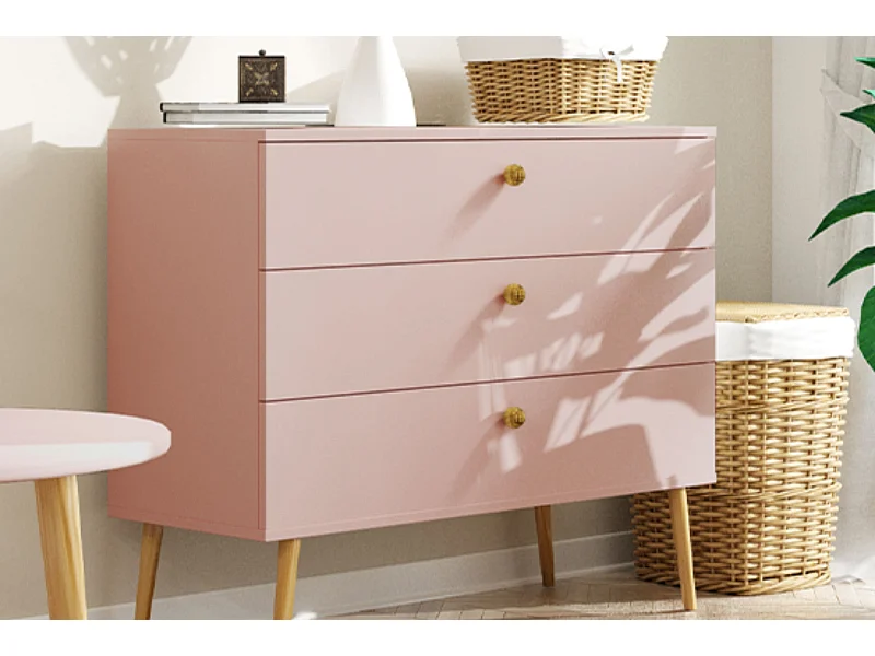 Cómoda Color Rosa – Estilo Escandinavo – 100x85x41 cm – Con Patas Altas y 3 Cajones