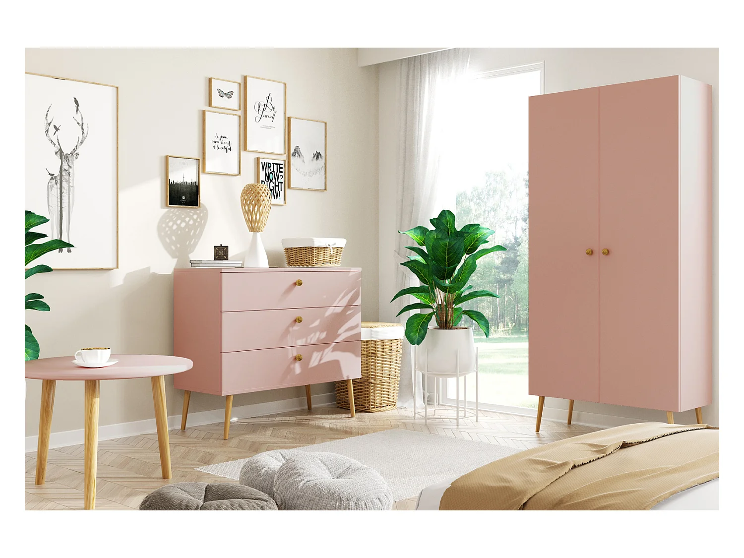 Cómoda Color Rosa – Estilo Escandinavo – 100x85x41 cm – Con Patas Altas y 3 Cajones