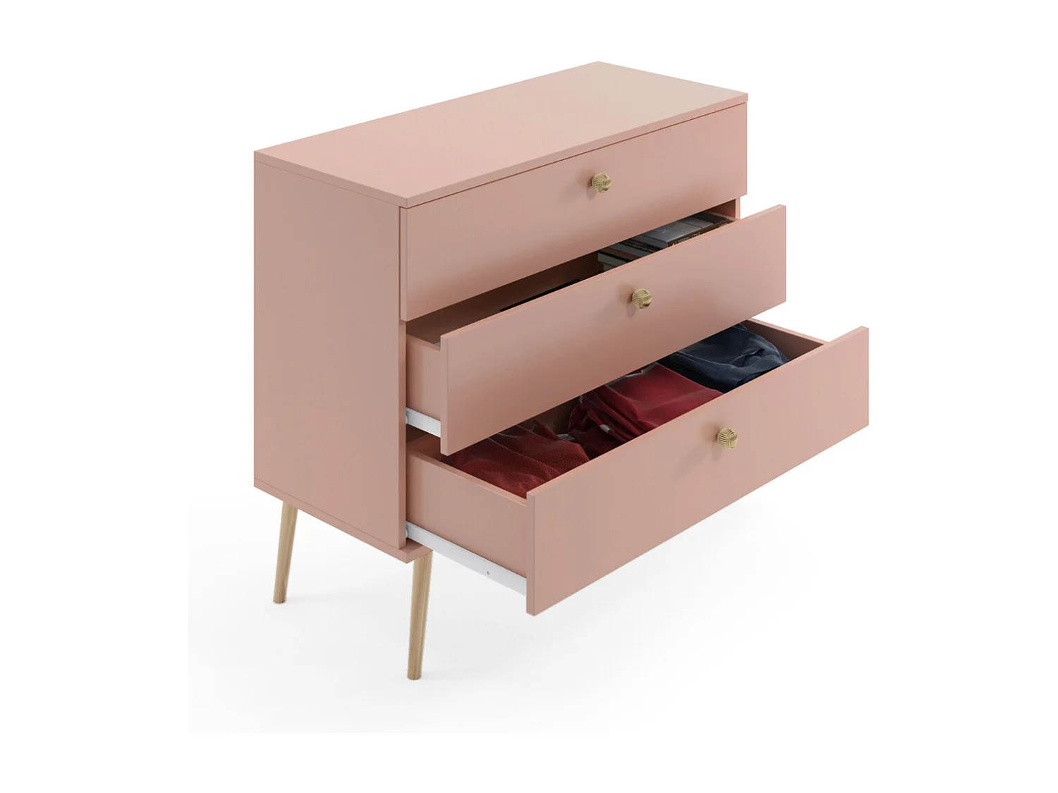 Cómoda Color Rosa – Estilo Escandinavo – 100x85x41 cm – Con Patas Altas y 3 Cajones