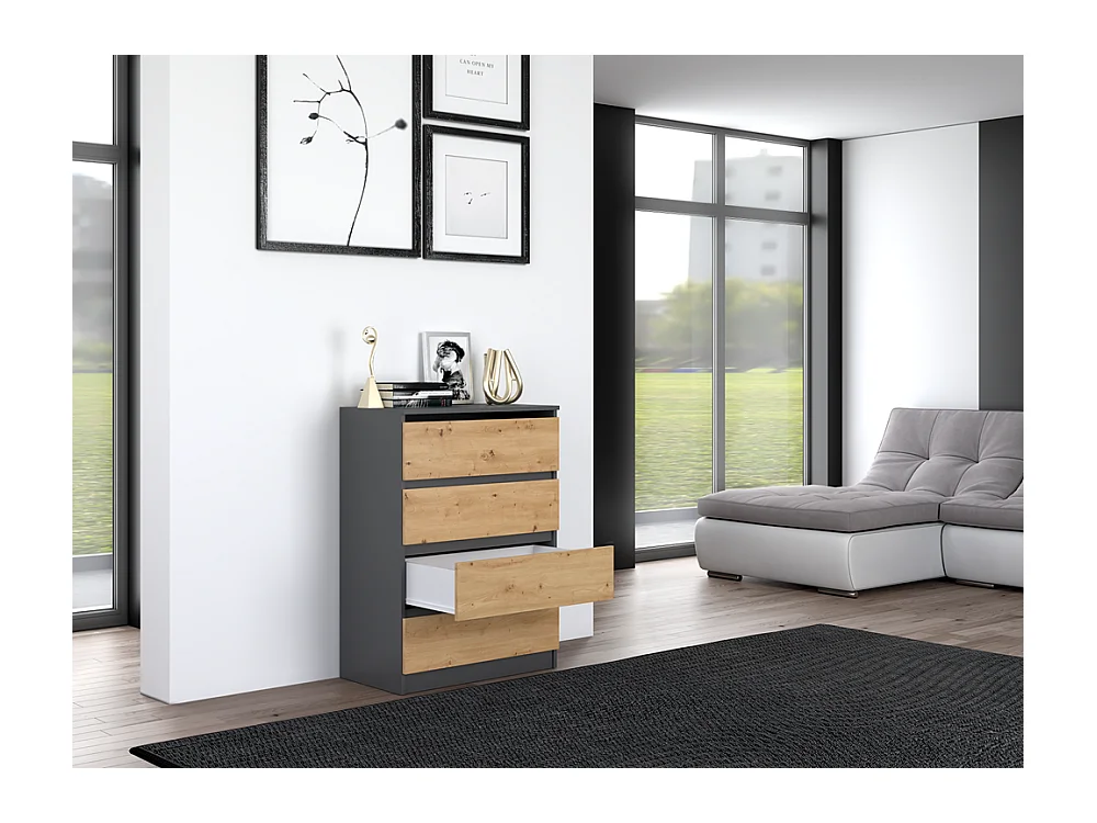 Cómoda de Dormitorio Moderna 70x97x40 cm – 4 Cajones con Guías Suaves – Color Roble Artesano y Antracita