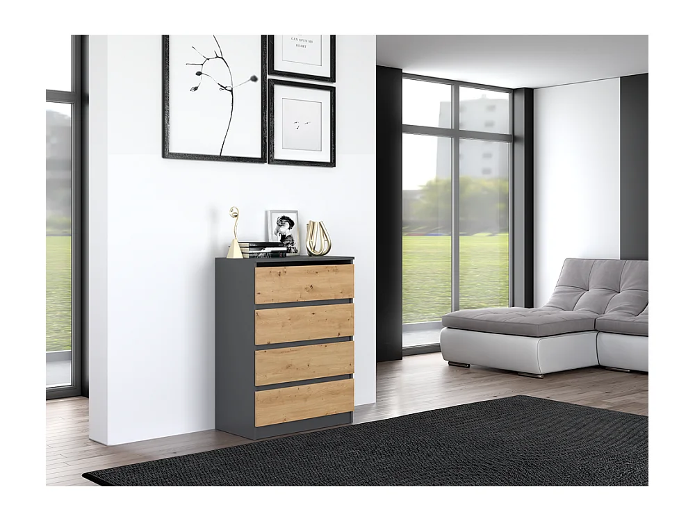 Cómoda de Dormitorio Moderna 70x97x40 cm – 4 Cajones con Guías Suaves – Color Roble Artesano y Antracita