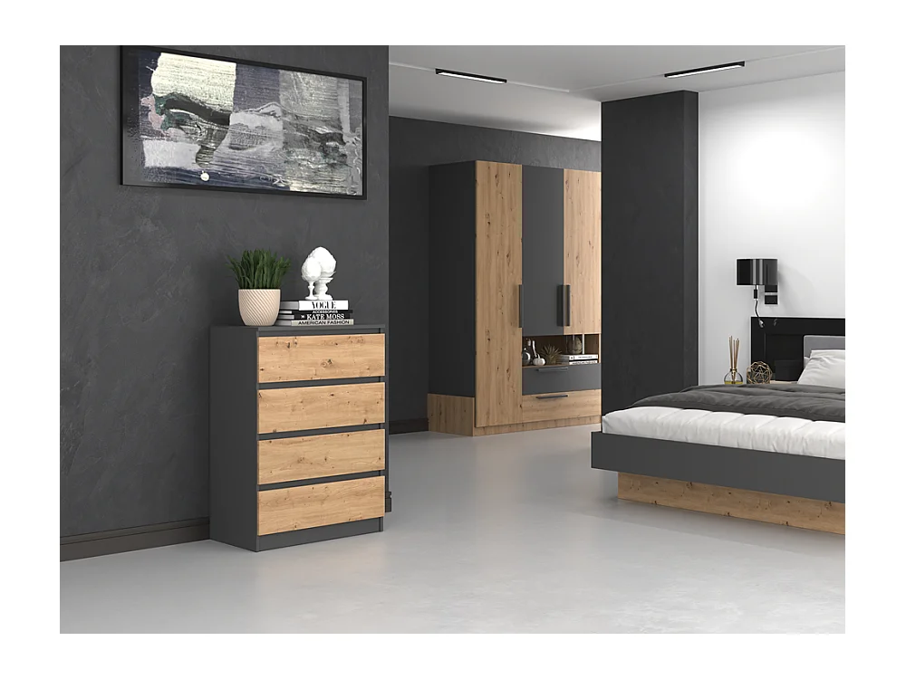 Cómoda de Dormitorio Moderna 70x97x40 cm – 4 Cajones con Guías Suaves – Color Roble Artesano y Antracita