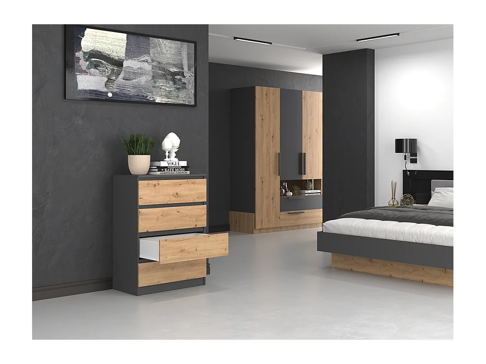 Cómoda de Dormitorio Moderna 70x97x40 cm – 4 Cajones con Guías Suaves – Color Roble Artesano y Antracita