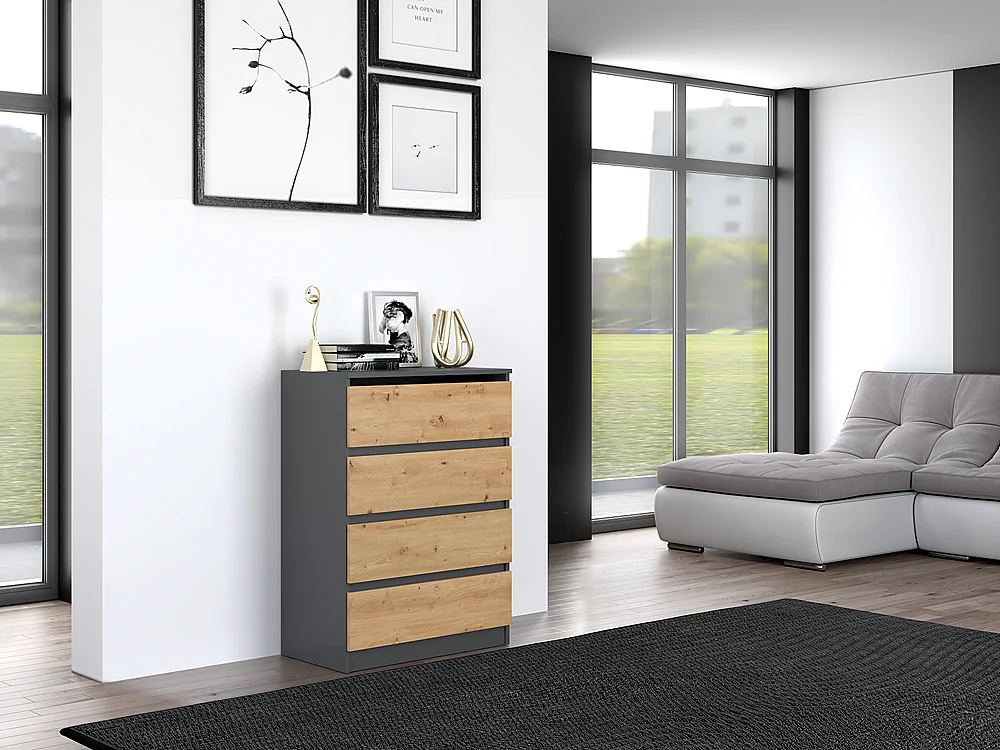 Cómoda de Dormitorio Moderna 70x97x40 cm – 4 Cajones con Guías Suaves – Color Roble Artesano y Antracita