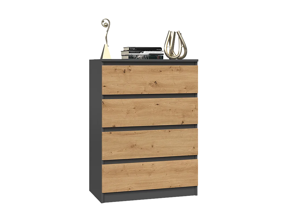 Cómoda de Dormitorio Moderna 70x97x40 cm – 4 Cajones con Guías Suaves – Color Roble Artesano y Antracita