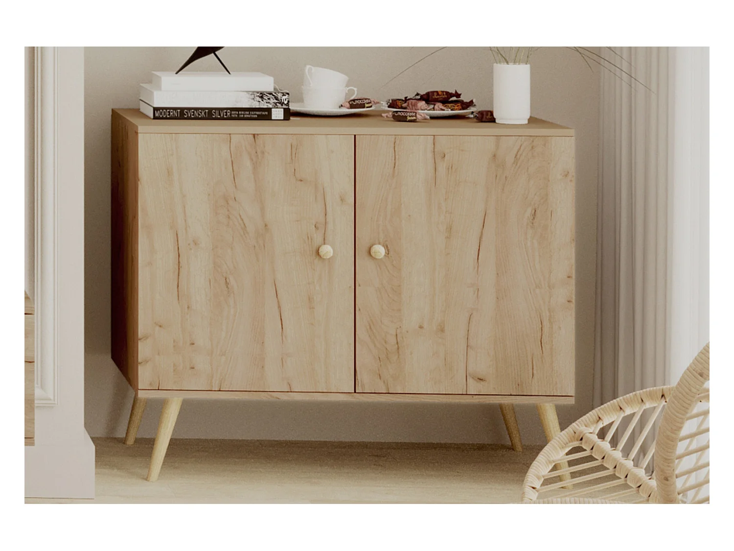 Cómoda Escandinava Color Roble Artesanal de 2 Puertas – 100x85x42 cm – Con Patas Altas de Madera