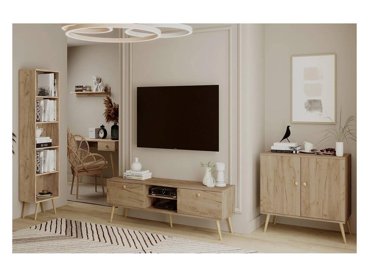 Cómoda Escandinava Color Roble Artesanal de 2 Puertas – 100x85x42 cm – Con Patas Altas de Madera