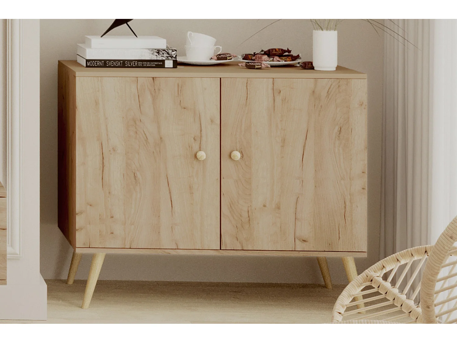 Cómoda Escandinava Color Roble Artesanal de 2 Puertas – 100x85x42 cm – Con Patas Altas de Madera