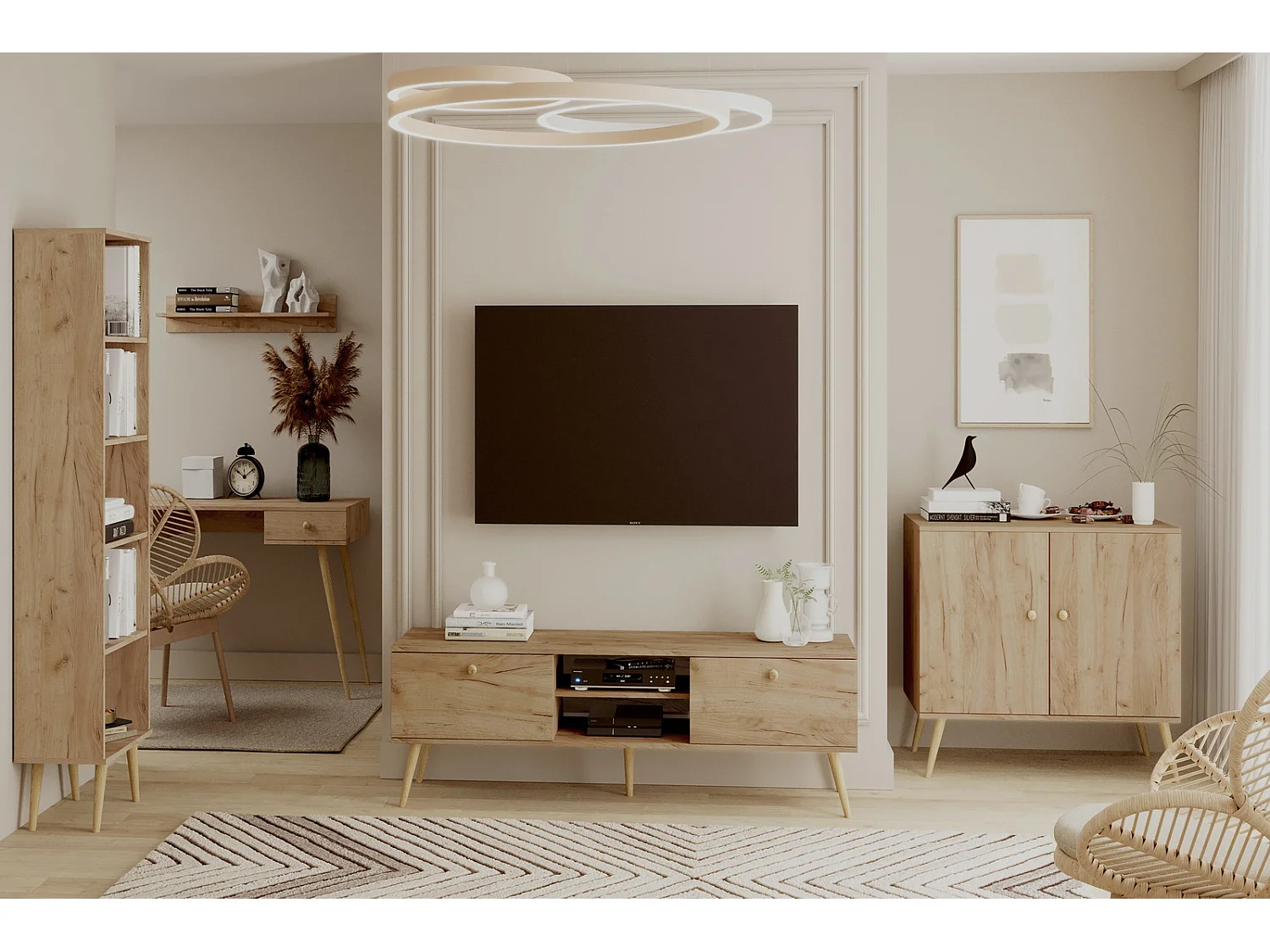 Cómoda Escandinava Color Roble Artesanal de 2 Puertas – 100x85x42 cm – Con Patas Altas de Madera