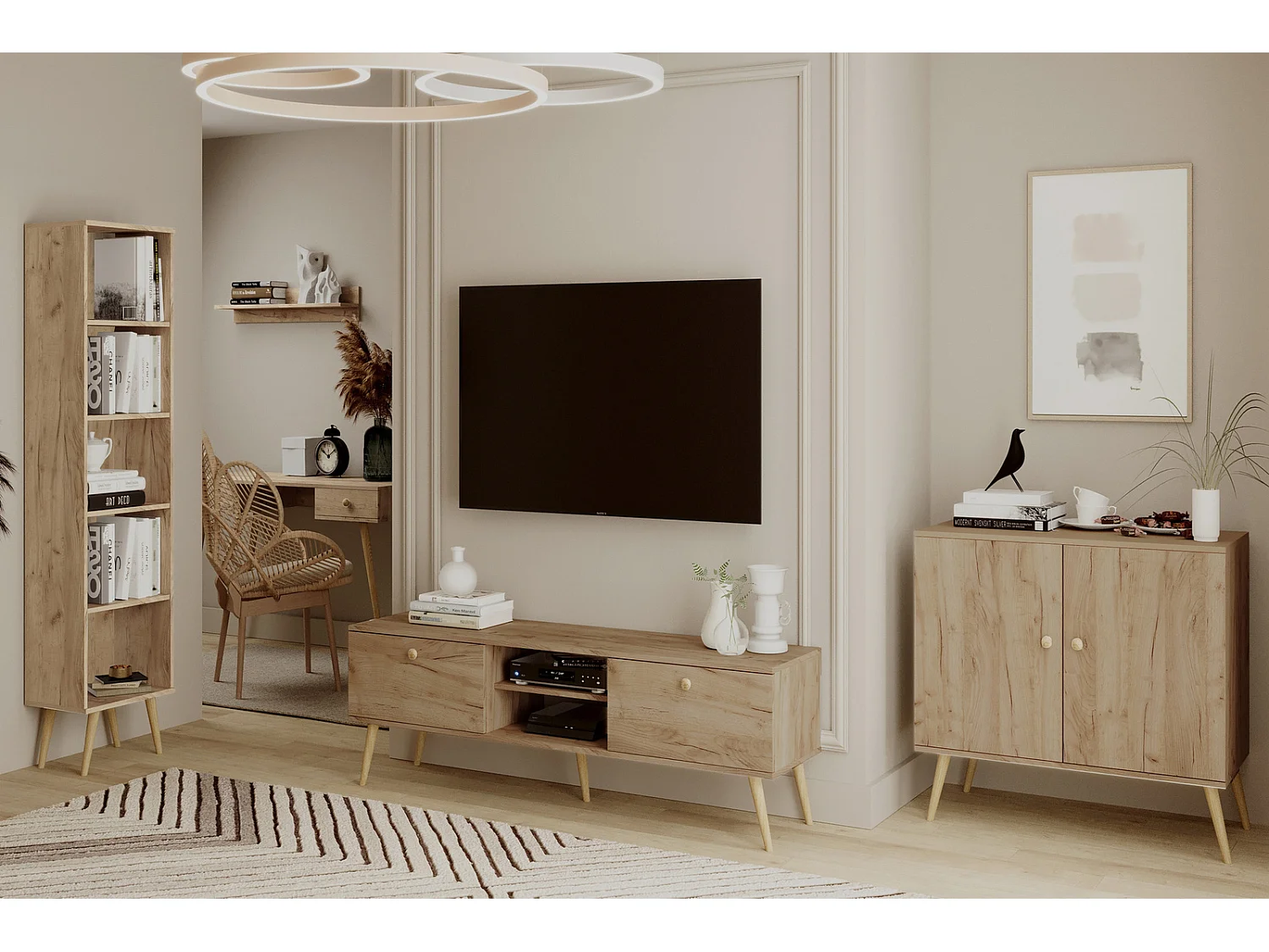 Cómoda Escandinava Color Roble Artesanal de 2 Puertas – 100x85x42 cm – Con Patas Altas de Madera