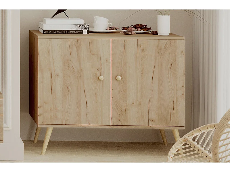 Cómoda Escandinava Color Roble Artesanal de 2 Puertas – 100x85x42 cm – Con Patas Altas de Madera