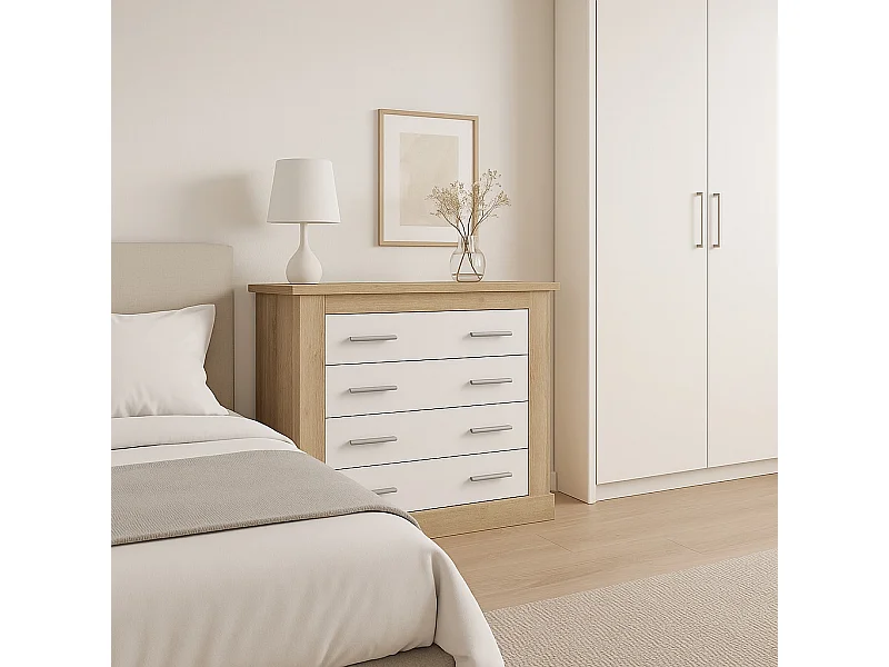 Cómoda 4 Cajones, Acabado en Blanco y Cambrian, Medidas: 91,5 cm (Ancho) x 90,8 cm (Alto) x 39,6 cm de (Fondo)