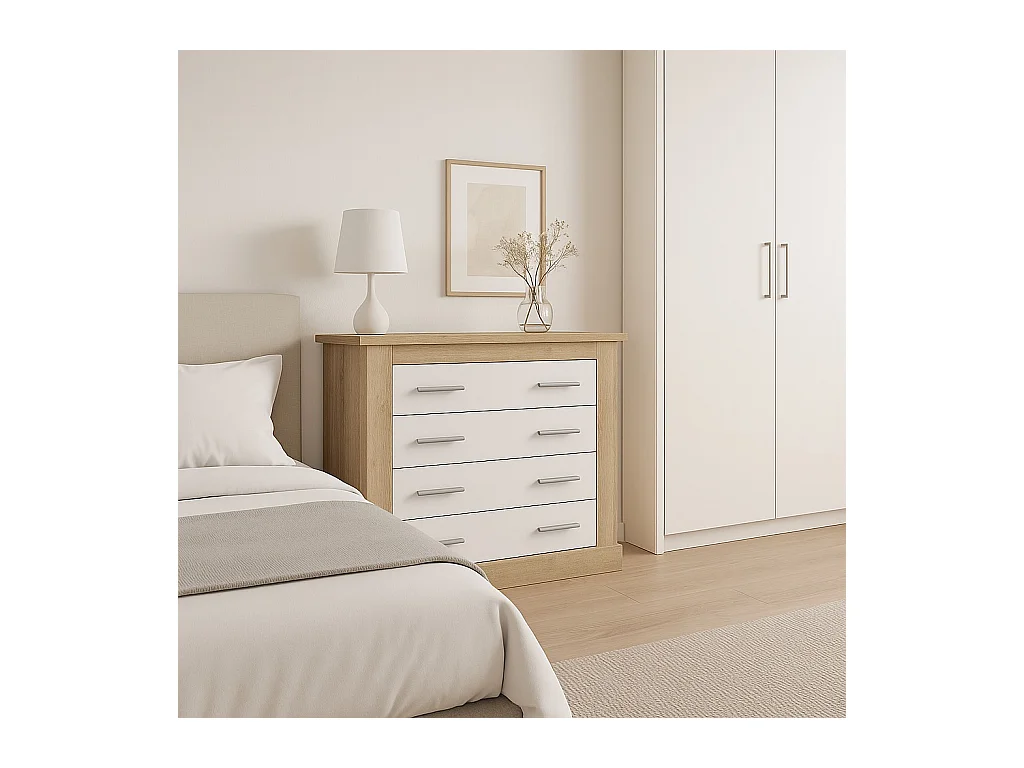 Cómoda 4 Cajones, Acabado en Blanco y Cambrian, Medidas: 91,5 cm (Ancho) x 90,8 cm (Alto) x 39,6 cm de (Fondo)