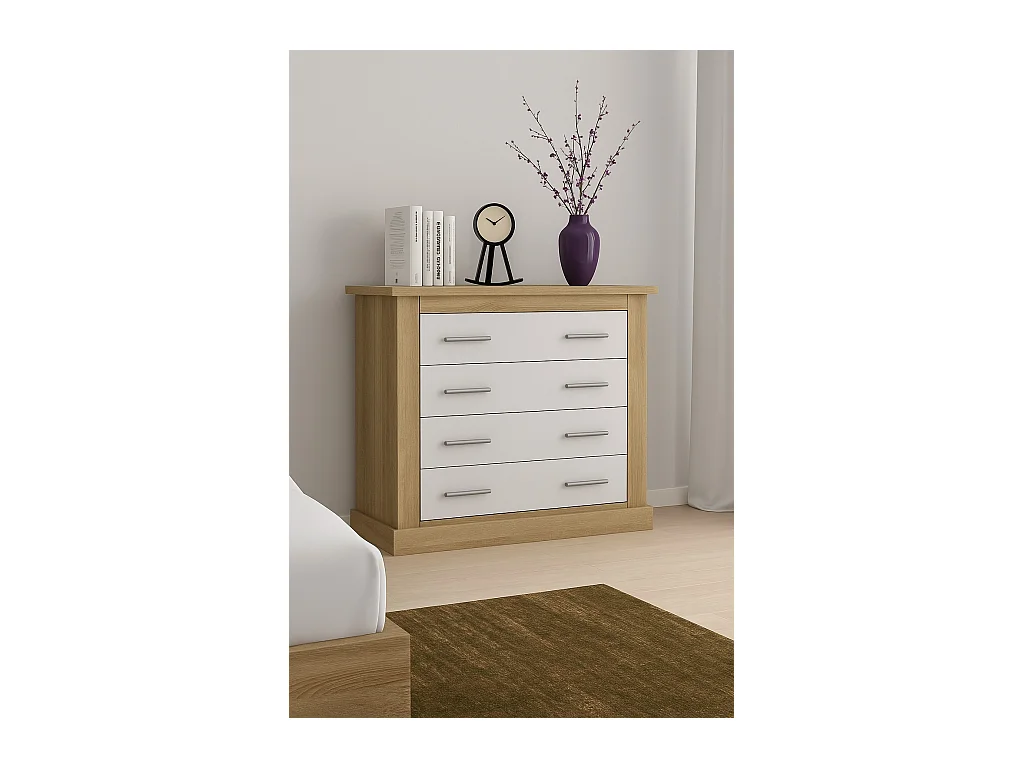 Cómoda 4 Cajones, Acabado en Blanco y Cambrian, Medidas: 91,5 cm (Ancho) x 90,8 cm (Alto) x 39,6 cm de (Fondo)