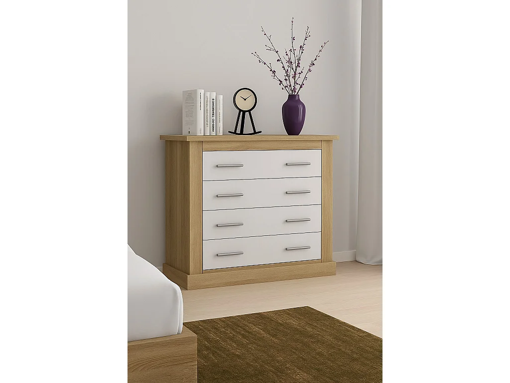 Cómoda 4 Cajones, Acabado en Blanco y Cambrian, Medidas: 91,5 cm (Ancho) x 90,8 cm (Alto) x 39,6 cm de (Fondo)