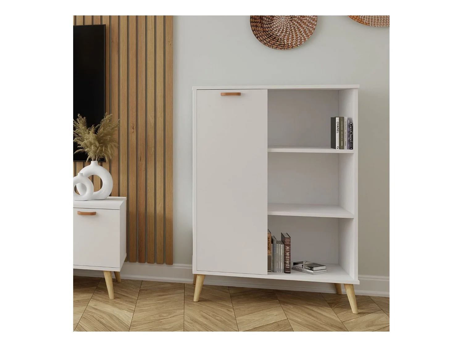 Librería – Cómoda Color Blanco 90x116x40 cm – Estilo Escandinavo con 3 Estantes, 1 Puerta y Patas de Madera