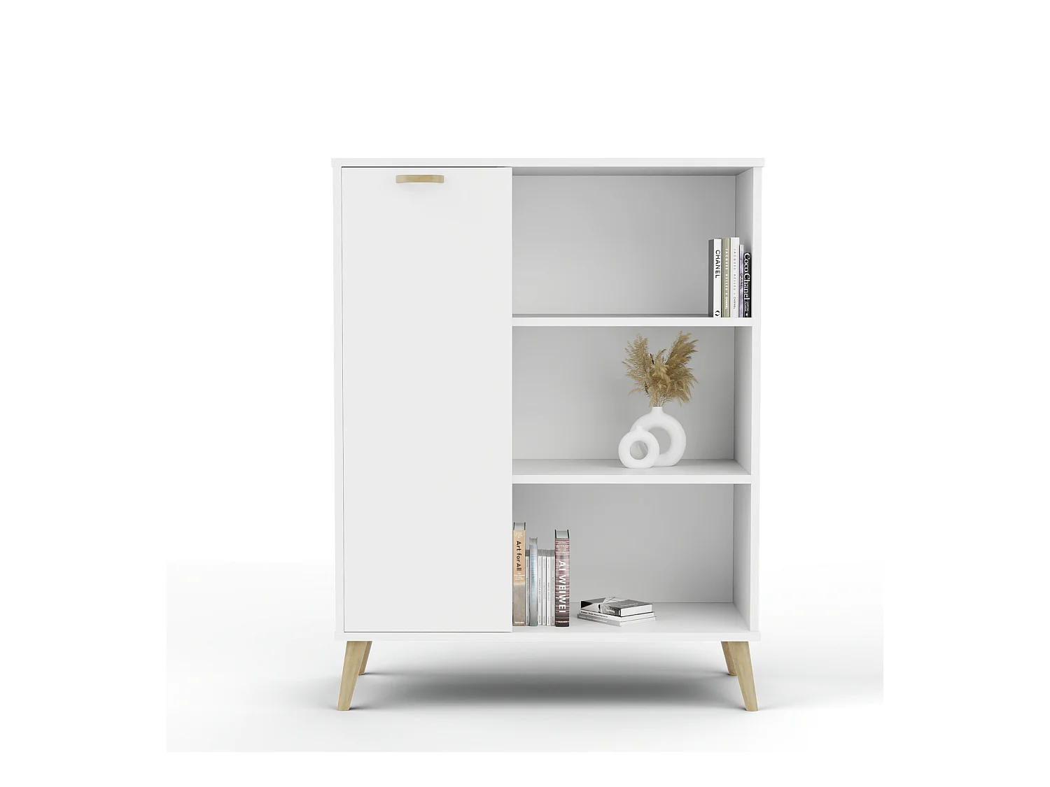 Librería – Cómoda Color Blanco 90x116x40 cm – Estilo Escandinavo con 3 Estantes, 1 Puerta y Patas de Madera