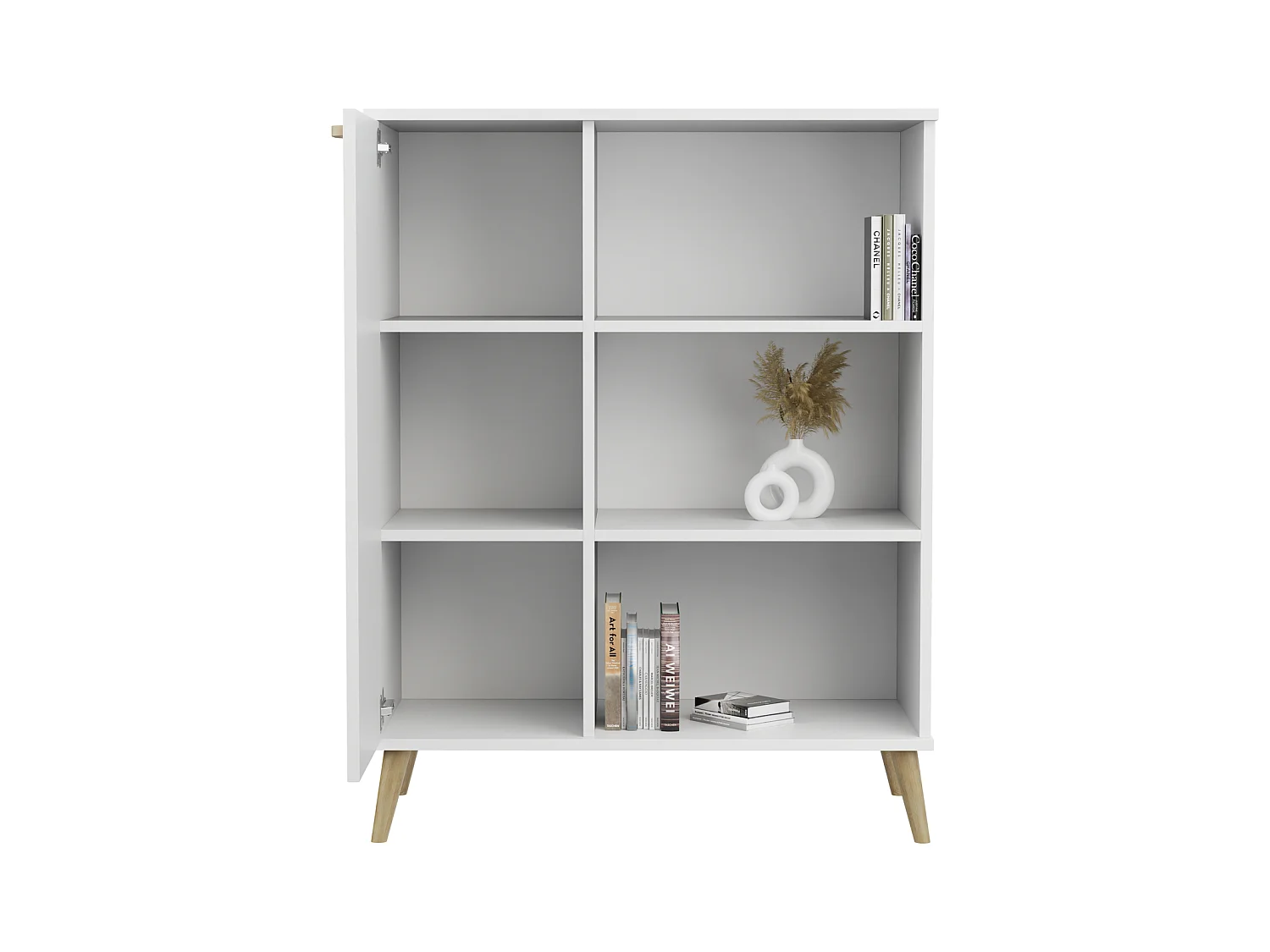Librería – Cómoda Color Blanco 90x116x40 cm – Estilo Escandinavo con 3 Estantes, 1 Puerta y Patas de Madera