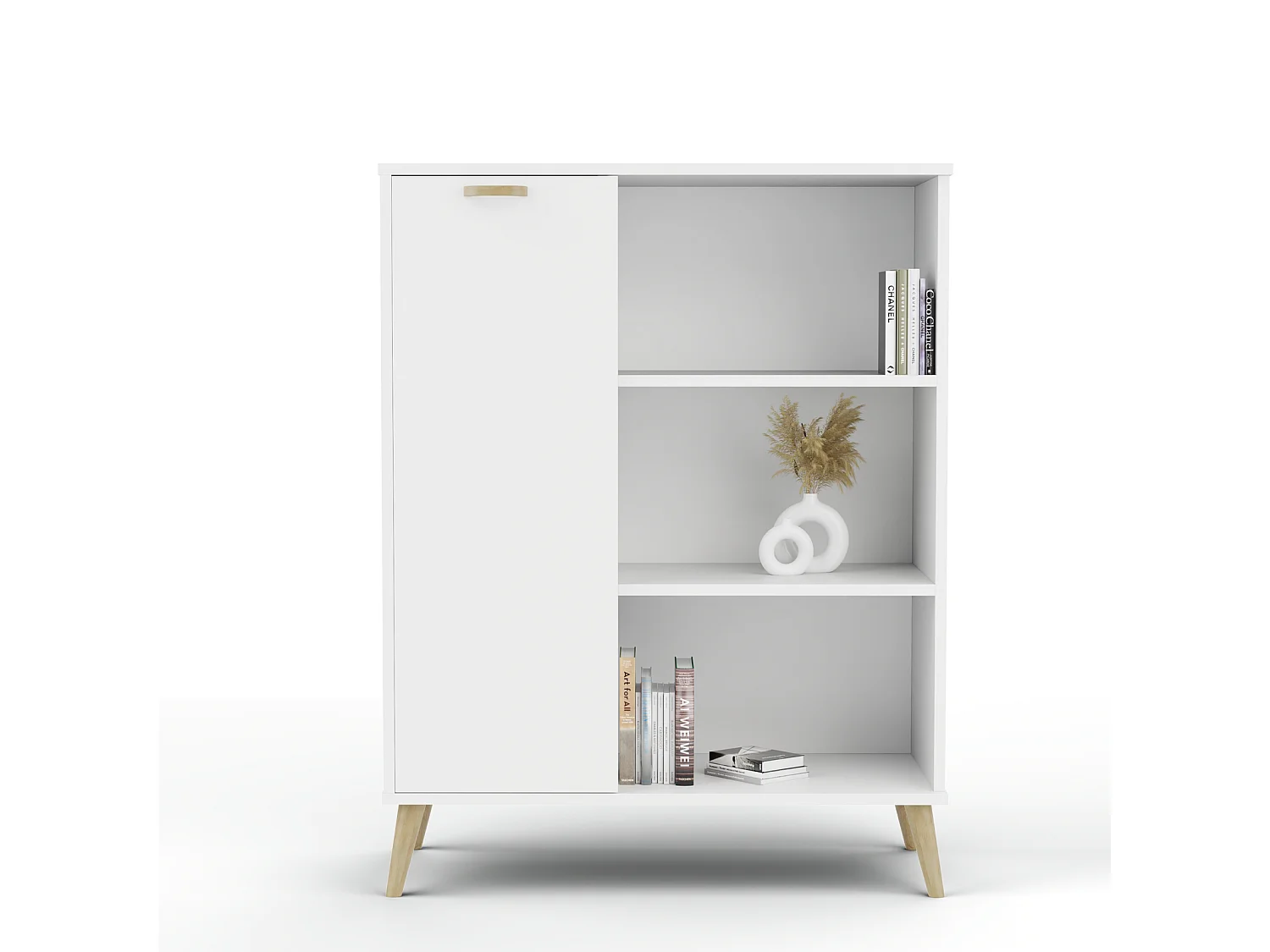 Librería – Cómoda Color Blanco 90x116x40 cm – Estilo Escandinavo con 3 Estantes, 1 Puerta y Patas de Madera