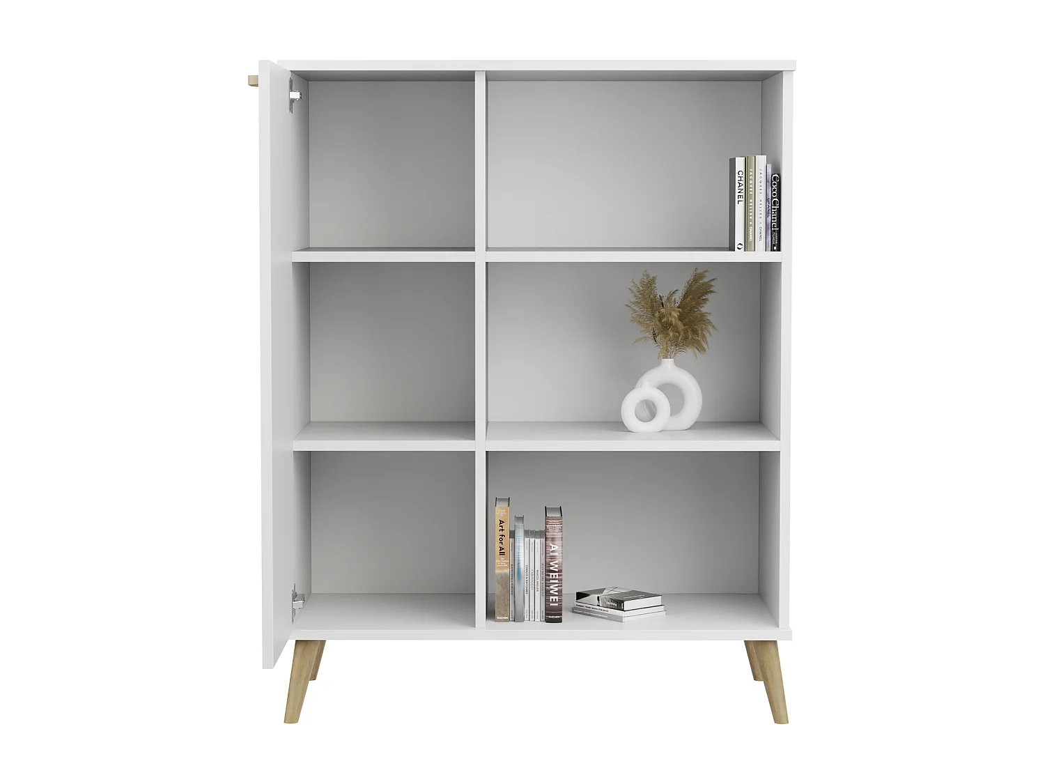 Librería – Cómoda Color Blanco 90x116x40 cm – Estilo Escandinavo con 3 Estantes, 1 Puerta y Patas de Madera
