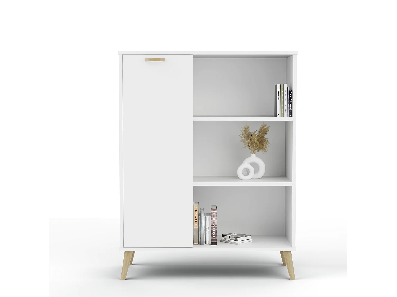 Librería – Cómoda Color Blanco 90x116x40 cm – Estilo Escandinavo con 3 Estantes, 1 Puerta y Patas de Madera