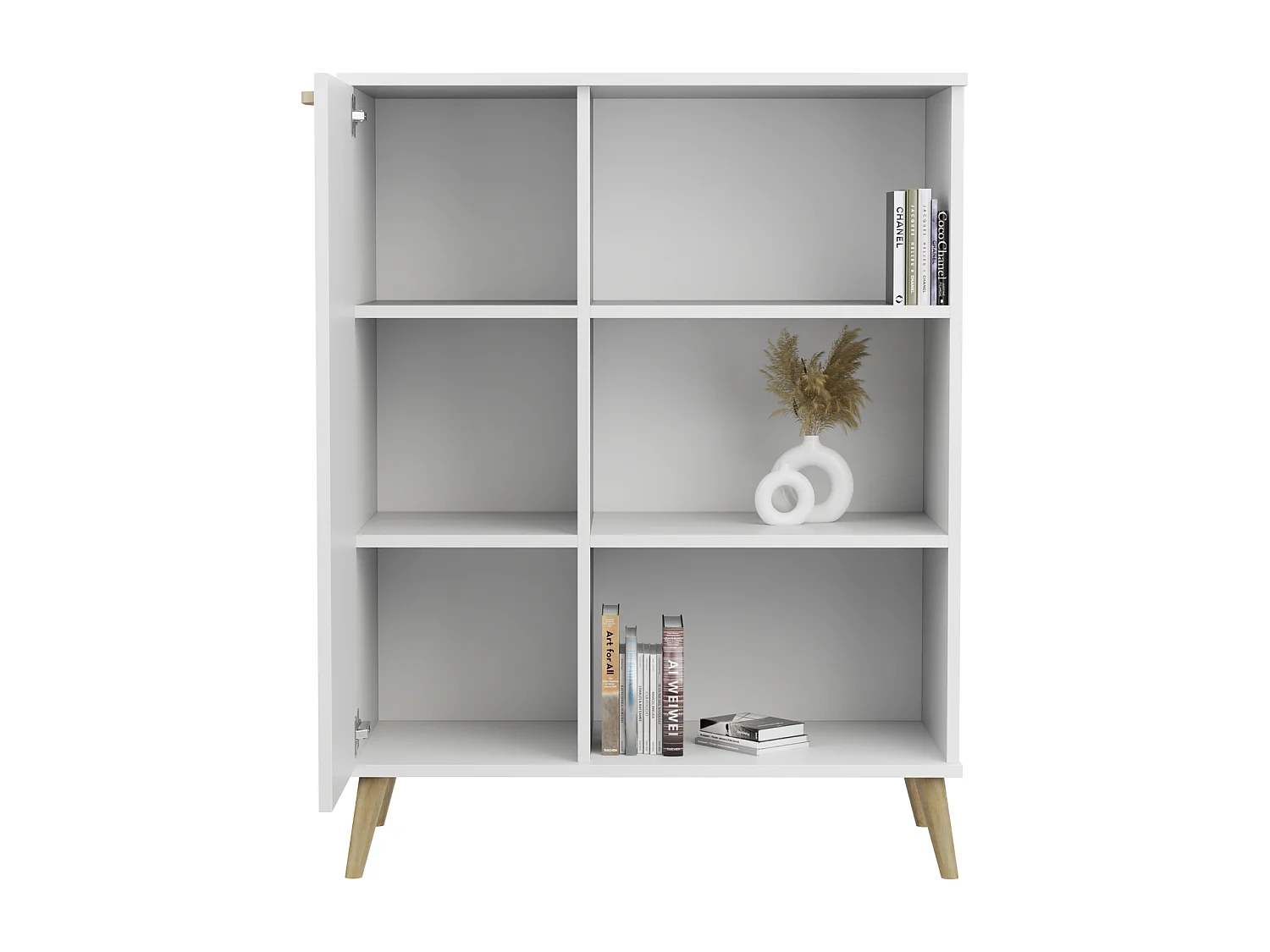 Librería – Cómoda Color Blanco 90x116x40 cm – Estilo Escandinavo con 3 Estantes, 1 Puerta y Patas de Madera