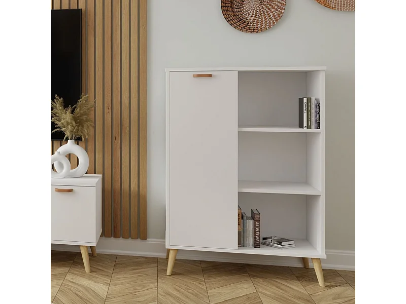Librería – Cómoda Color Blanco 90x116x40 cm – Estilo Escandinavo con 3 Estantes, 1 Puerta y Patas de Madera