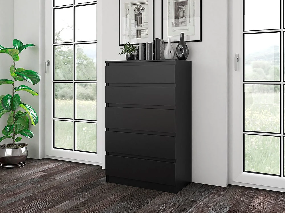 Cómoda de Dormitorio Moderna 70x109,5x40 cm – 5 Cajones con Guías Suaves – Color Negra