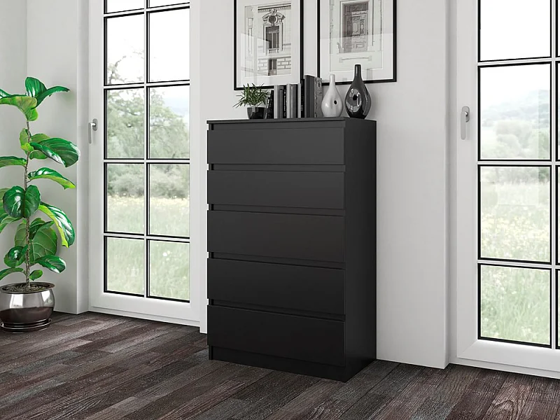 Cómoda de Dormitorio Moderna 70x109,5x40 cm – 5 Cajones con Guías Suaves – Color Negra