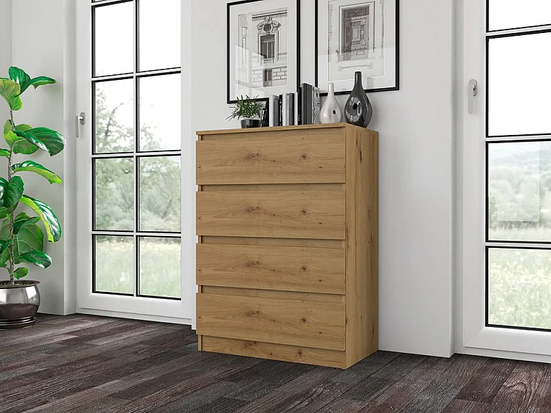 Cómoda de Dormitorio Moderna 70x97x40 cm – 4 Cajones con Guías Suaves – Color Roble Artesano