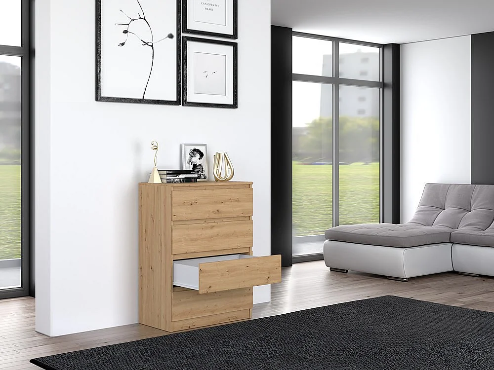 Cómoda de Dormitorio Moderna 70x97x40 cm – 4 Cajones con Guías Suaves – Color Roble Artesano