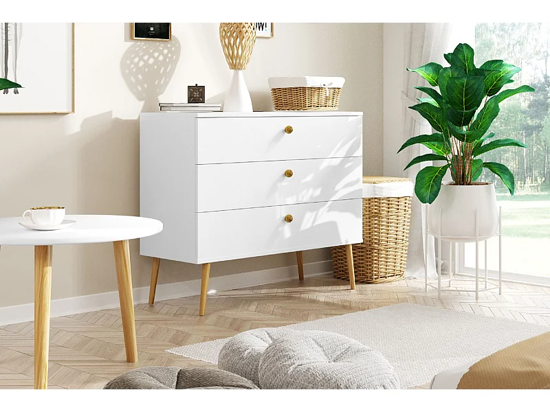 Cómoda Blanca  – Estilo Escandinavo – 100x85x41 cm – Con Patas Altas y 3 Cajones