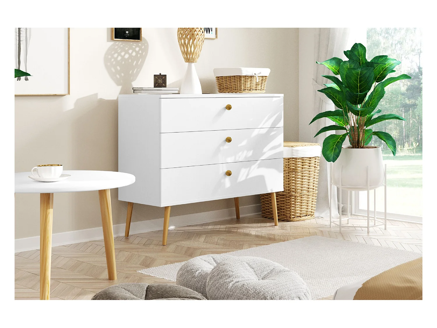 Cómoda Blanca  – Estilo Escandinavo – 100x85x41 cm – Con Patas Altas y 3 Cajones